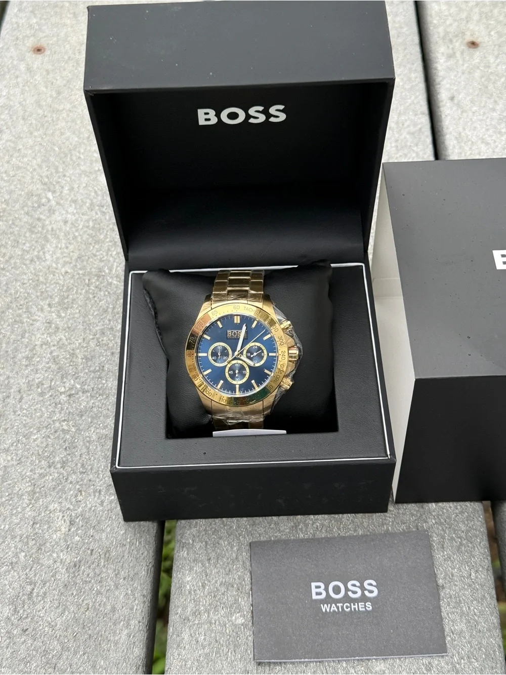 Hugo boss Gold-Tone Chronograph Watch with Blue Dial and Gold Bracelet Mens